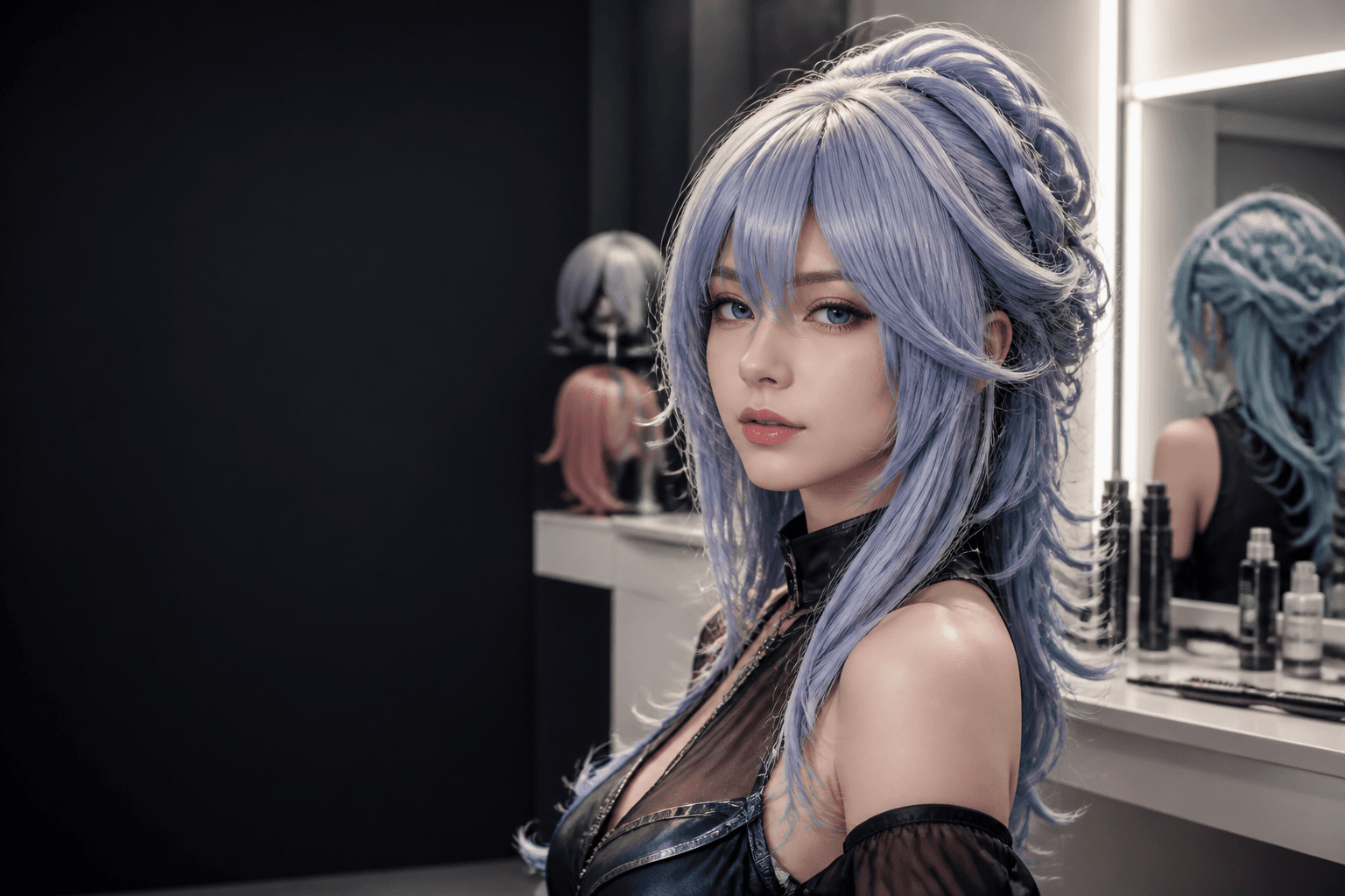 Model wearing an original custom cosplay wig